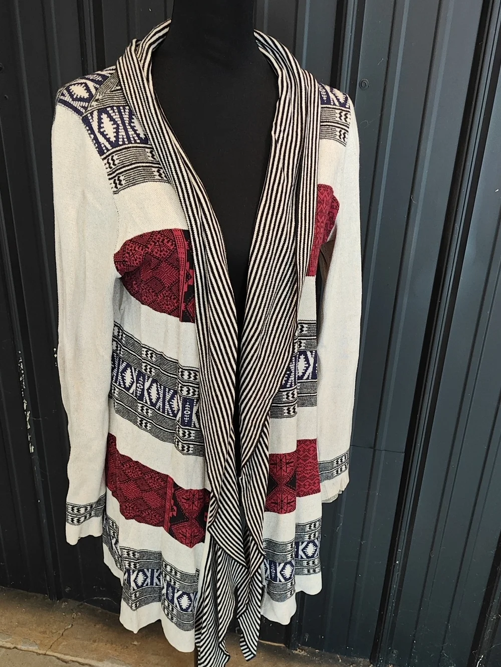 Belldini Cream Cardigan with Burgundy and Navy Accents